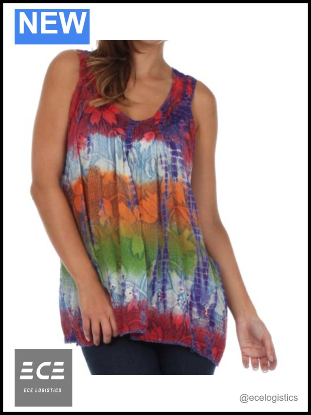 Sakkas Sleeveless Rayon Blouse Embroidered Sequin Tie Dye Floral Top